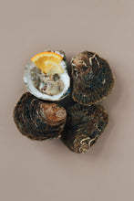 Load image into Gallery viewer, 4 medium native oysters. Delivered to your door. Open oyster with lemon wedge on a beige background