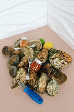 Load image into Gallery viewer, Assorted oysters on a plate with lemon, vinegar sauce, and a knife on a beige surface.