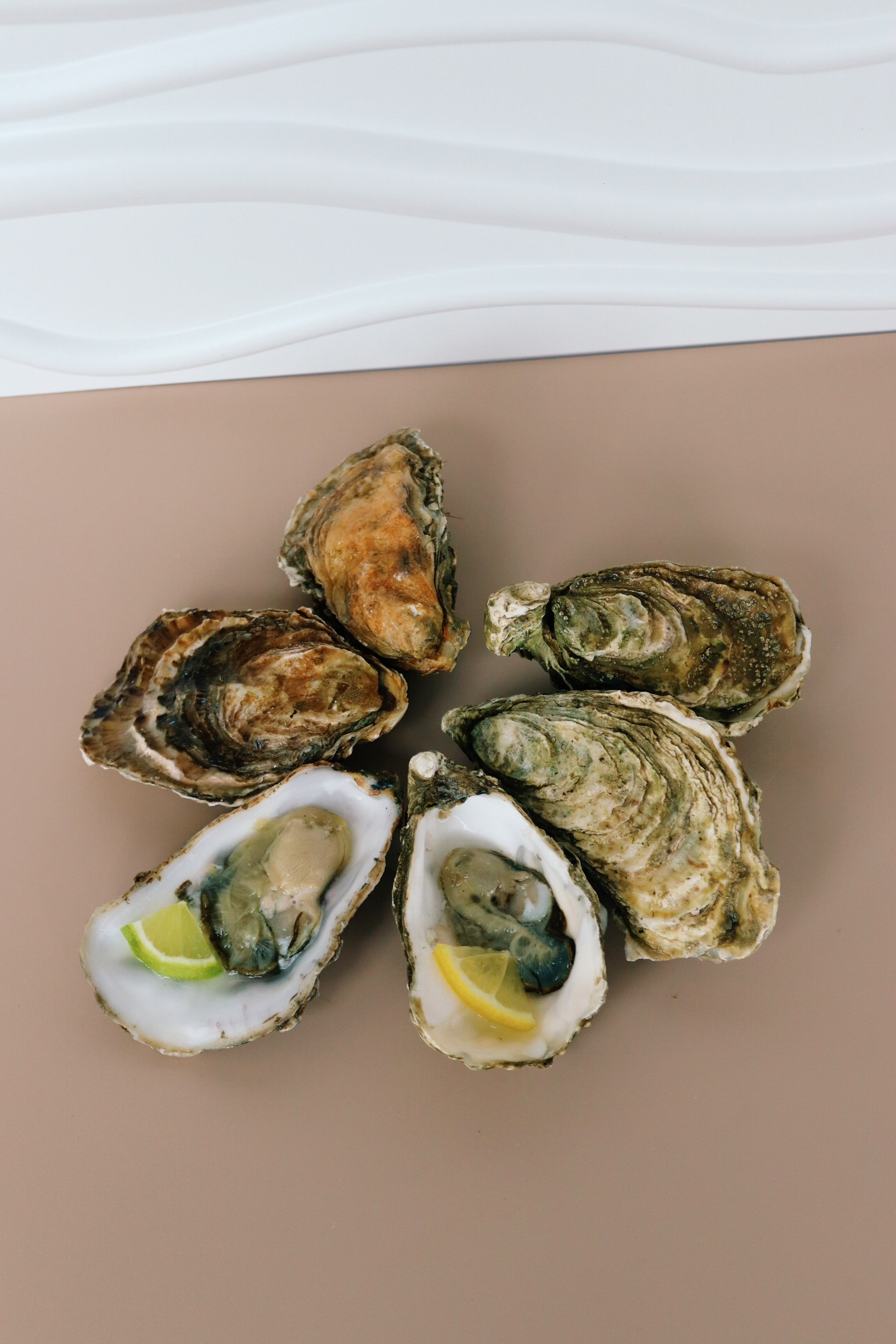 3 mersea oysters and 3 jersey oysters. 