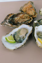 Load image into Gallery viewer, Open oysters on a beige surface with a lime wedge and lemon slice inside.