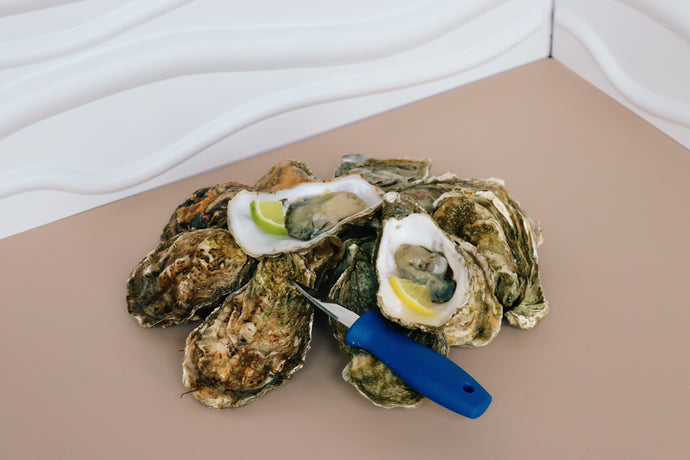 6 Mersea rock oysters and 6 Jersey rock oysters with a shucking knife 