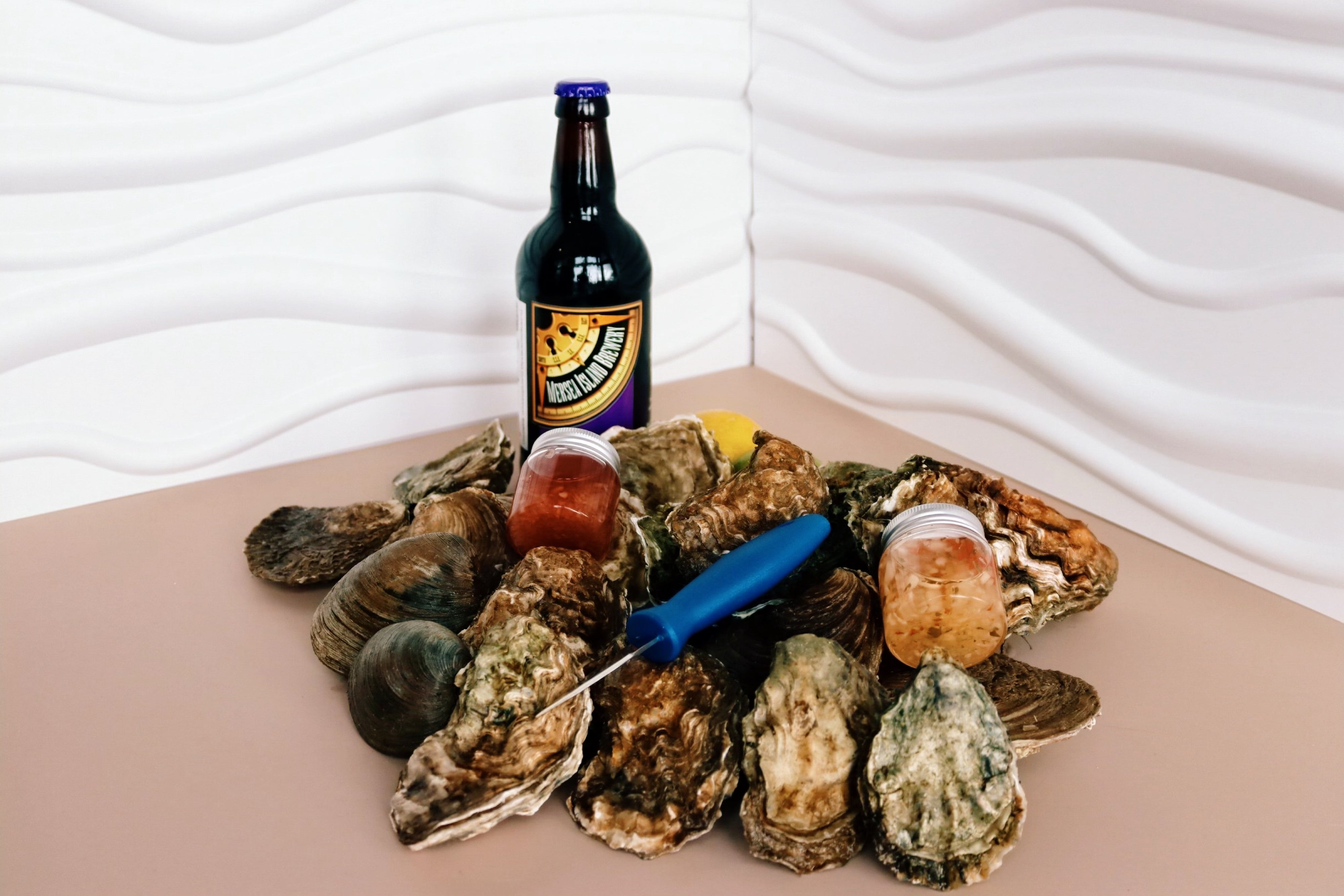 Oyster stout brewed on Mersea. Shucking knife. Mersea oysters. 