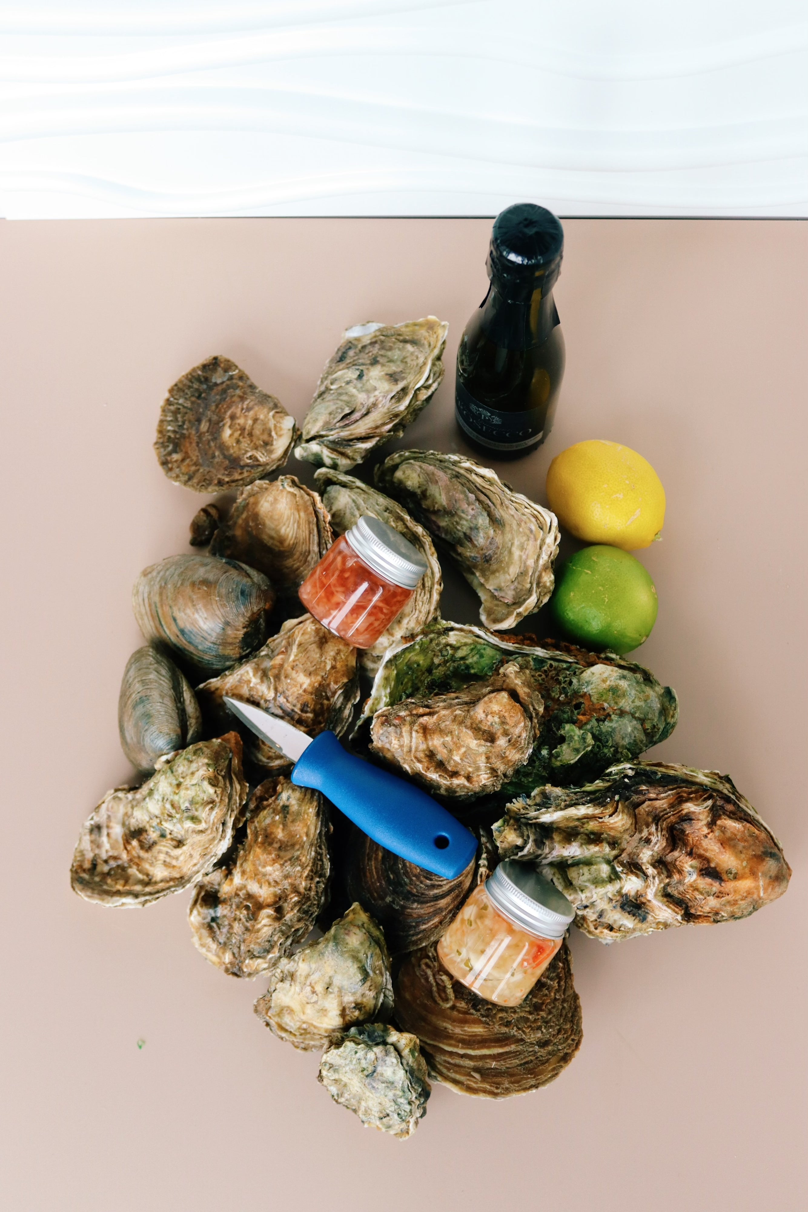 Shucking knife. Prosecco and oyster taster box. 