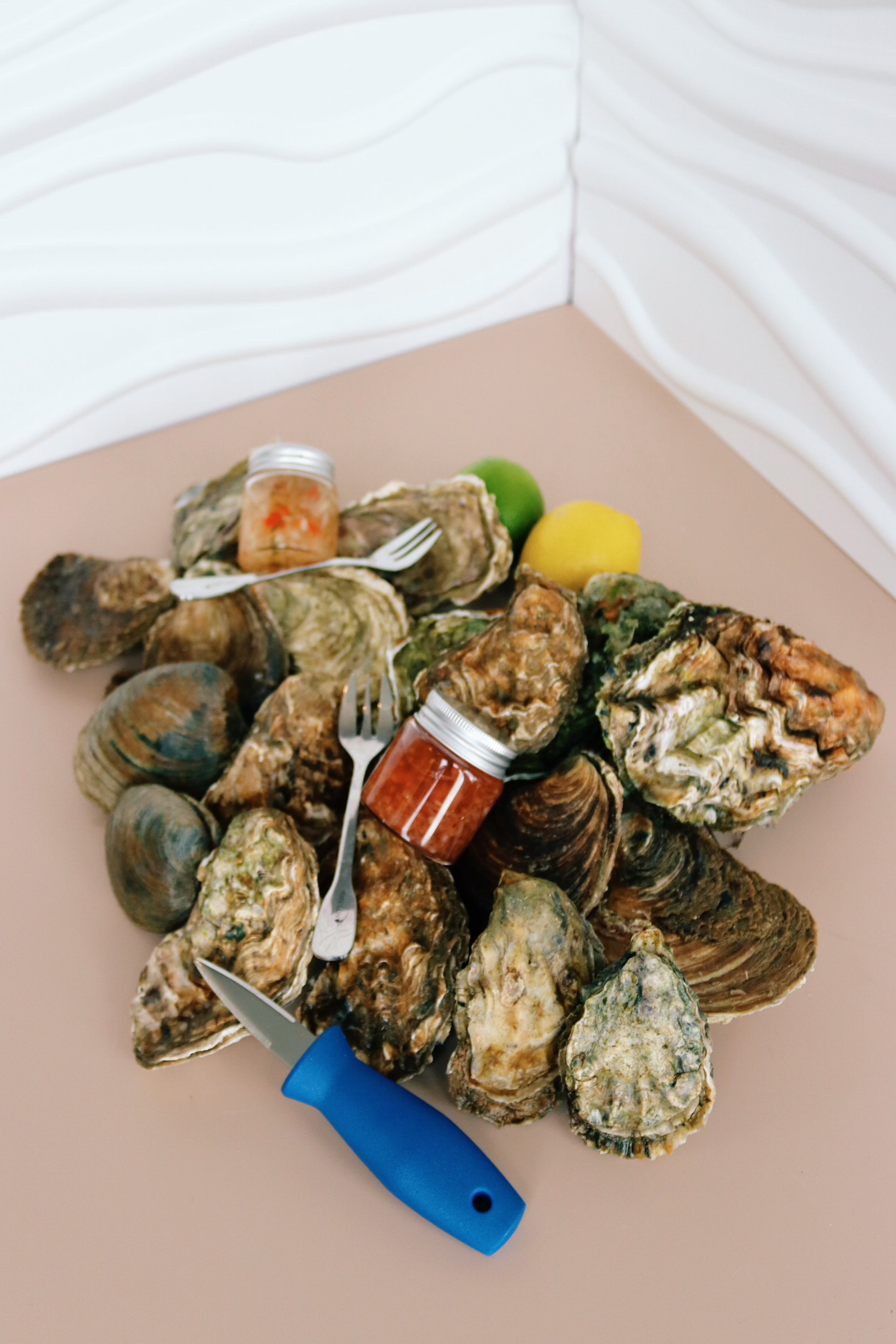 Assorted oysters on a plate with lemon, vinegar sauce, and a knife on a beige surface.