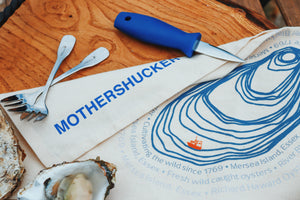 Oyster shucking knife, Oyster forks. Shucking tea towel. 