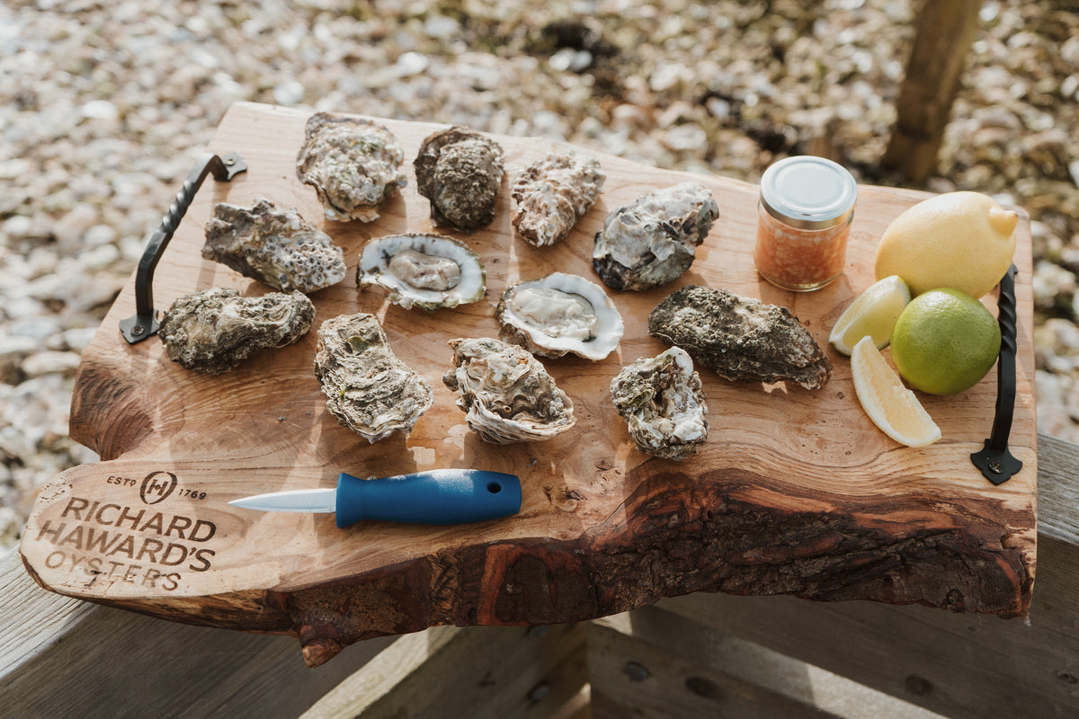 Oyster set with shucking knife. Mersea Oysters. 