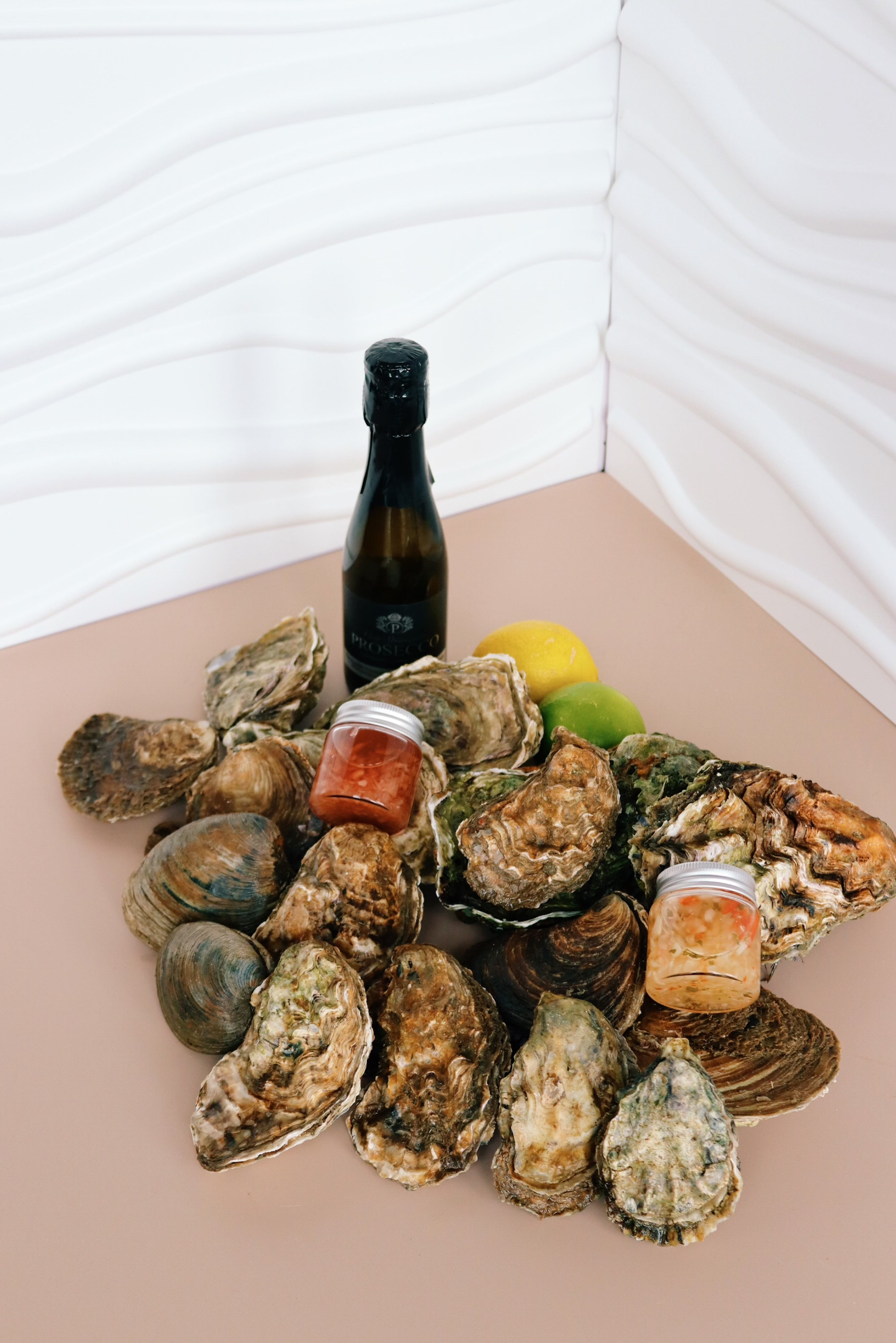 Oysters, clams, prosecco. Richard Haward's Oysters. Mersea. 