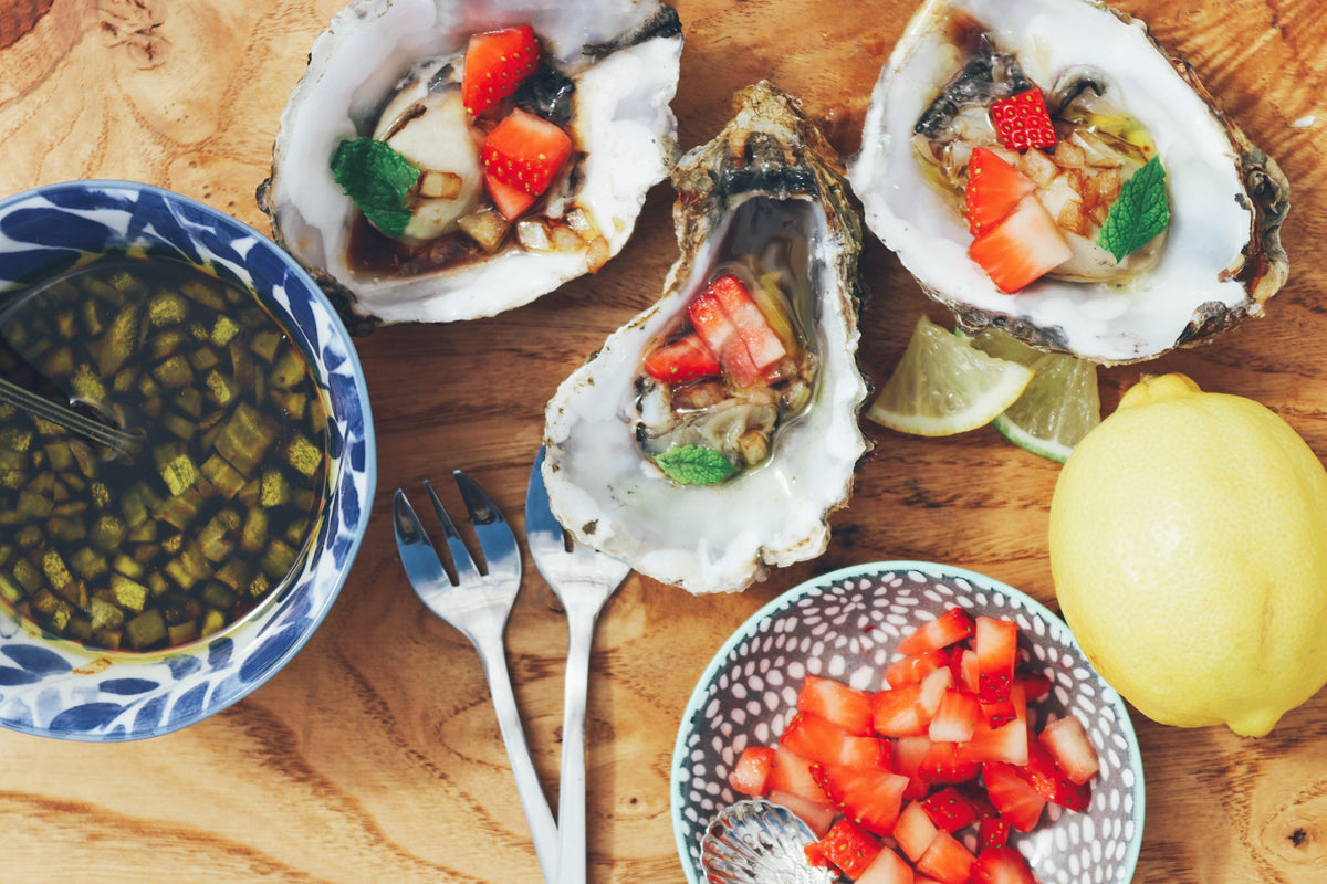 Strawberry and balsamic dressed oysters. Mersea Oysters. Mail order oysters. 